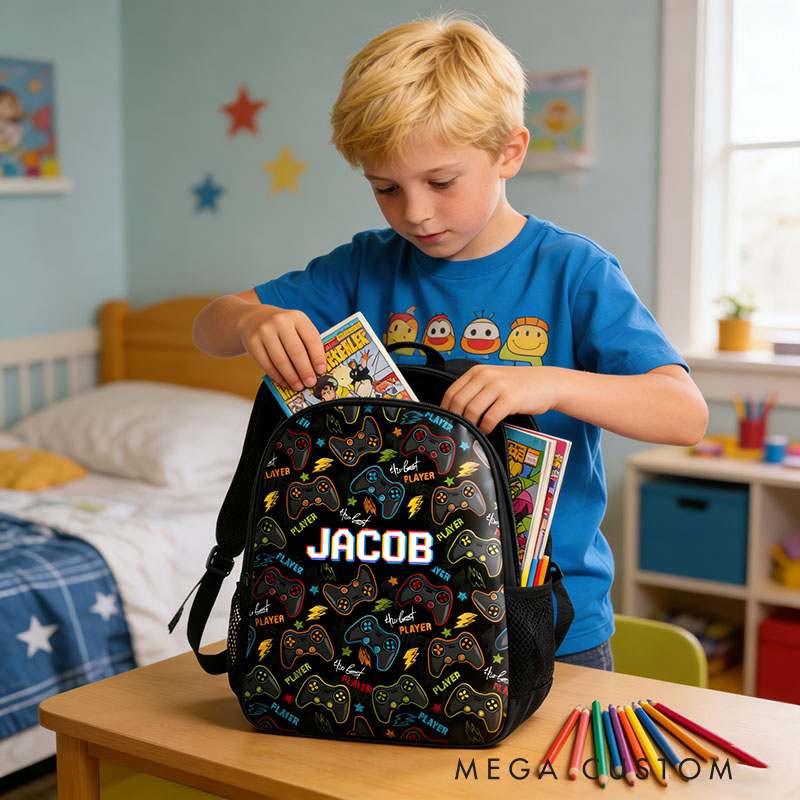 Personalized The Best Player Game Controller Backpack Custom Name for Kids and Game Lovers Birthday Black to School Christmas Gift