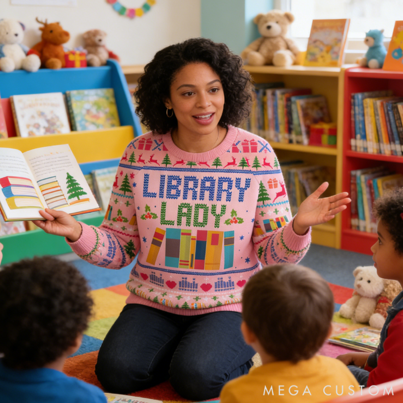 Personalized Library Themed Ugly Sweater Holiday Gift for Librarians