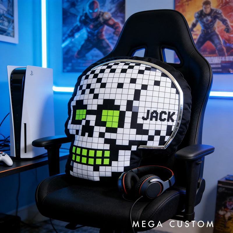 Personalized Game Pixel Skull Shaped Pillow for Game Lovers Plush Pillow Christmas Birthday Party Gift for Kids