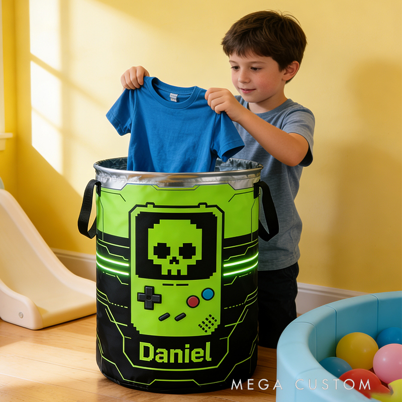 Personalized Retro Skull Game Machine Collapsible Storage Basket for Laundry Toys Organizer Game Lover Gift for Kids