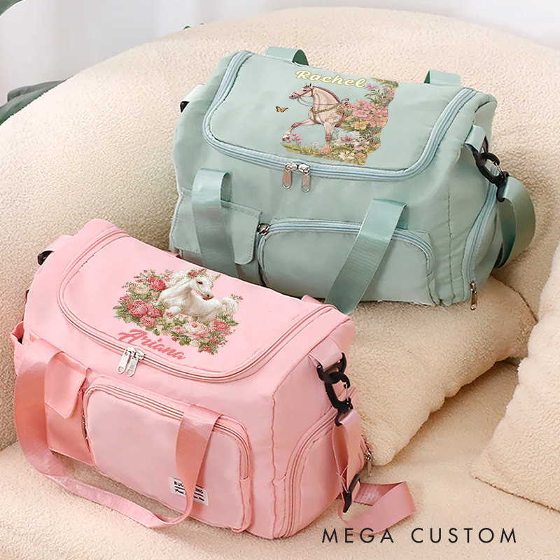 Personalized Horse Riding Duffle Bag Waterproof Equestrian Multi Compartment Travel Bag with Name and Shoulder Strap Travel Accessories Birthday Gift for Women Girls Overnight Bag Gift for Horse Lovers Riding Lovers Equestrian Lovers
