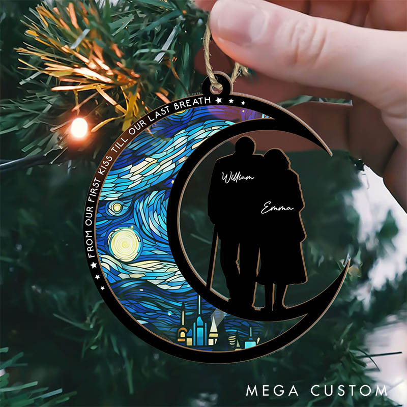 Personalized Couple From Our First Kiss Till Our Last Breath Suncatcher Moon Shaped Starry Night Style Window Decor Anniversary Valentines Day Gift