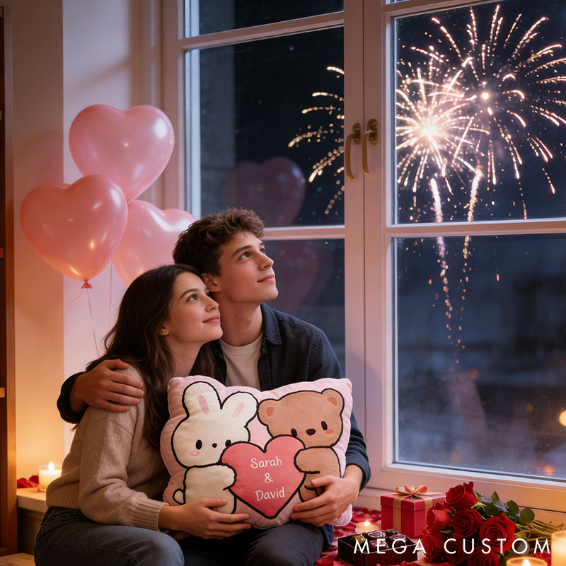 Personalized Bunny & Bear Throw Pillow Custom Names Couple Home Pillow Romantic Valentine's Day Gift for Girlfriend for Wife Friend