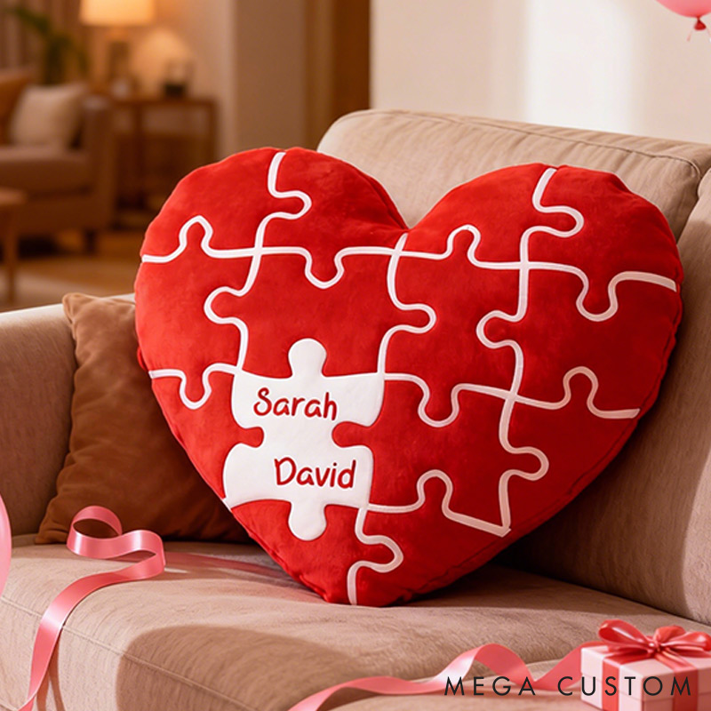 Personalized Missing Piece Heart Throw Pillow Custom Names Couple Home Pillow Romantic Valentine's Day Gift for Girlfriend for Wife Friend