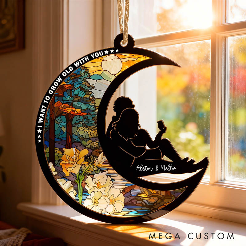 Personalized Couple Silhouette From Our First Kiss Till Our Last Breath Suncatcher Moon Shaped Window Decor Anniversary Gift Valentines Day Gift