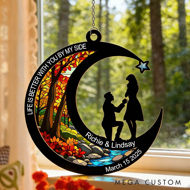 Personalized Couple Silhouette You and Me Always and Forever Suncatcher Custom Moon Shaped Night Sky Window Decor Anniversary Gift Valentines Day Gift