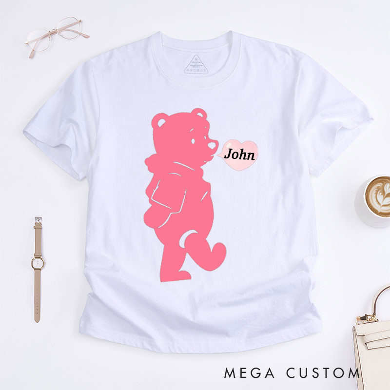 Personalized Pink Bear Heart Bubbles Shirt Classic T-Shirts Valentine's Day Tshirt for Couple Lover