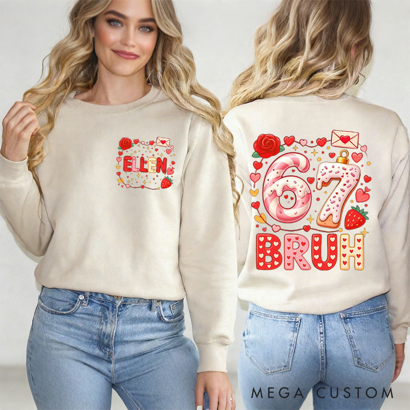 Personalized Girlfriend Wife 67 BRUH Sweet Heart Sweatshirt with Name Couple Coquette 6 7 Number Meme Matching Valentines Day Sweatshirt for Him Her