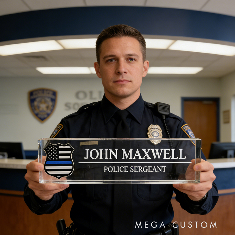 Personalized Custom Police Thin Blue Line Acrylic Desk Nameplate – Personalized Police Sergeant Office Plaque