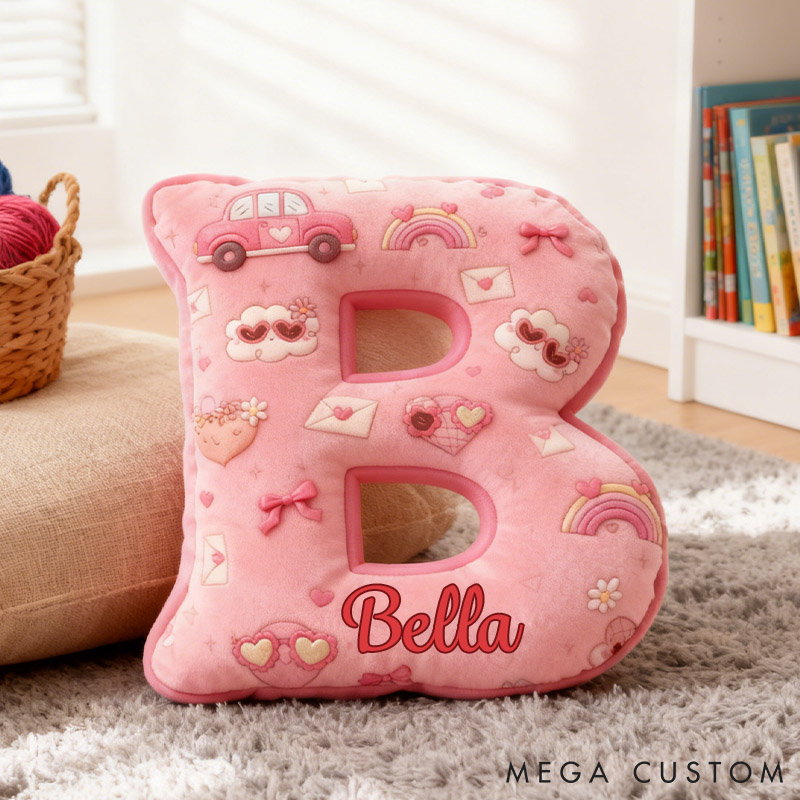 Personalized Pink Love-Themed Initial Pillow Custom Heart Car Love Letter Pillow for Her Home Decor Throw Pillow for Flower Girl