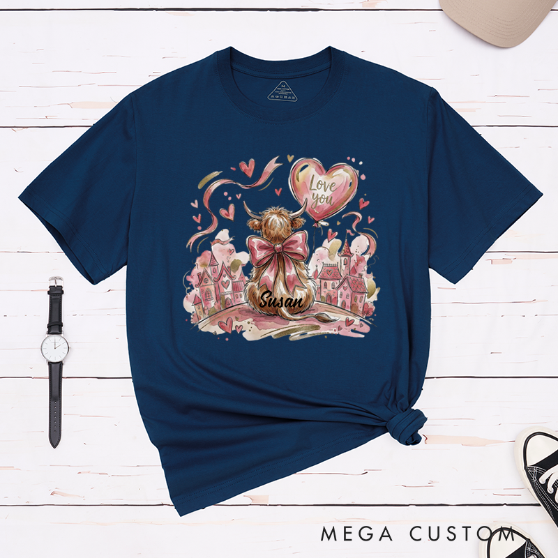 Personalized Pet Lover Valentine Highland Cow T-Shirt