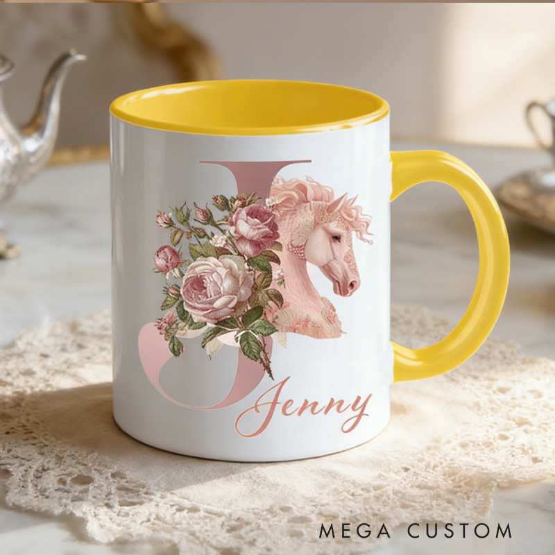Personalized Initials 26 Letter Equestrian Mug Pink Flowers Horse Coffee Gift for Riding Lovers Equestrian Lovers