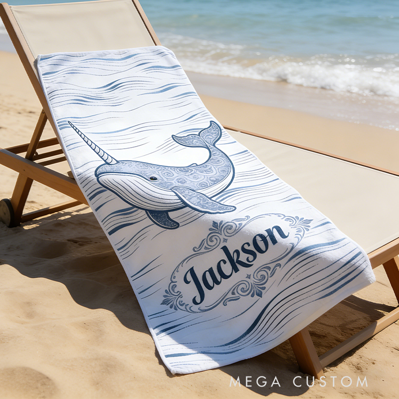 Personalized Custom Ocean Animal Beach Towel - Personalized whale Monogrammed Beach Towel for Kids & Adults, Quick-Dry Beach Pool Towel with Coastal Wave Design