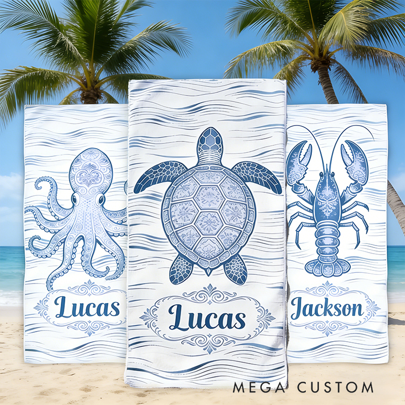 Personalized Custom Ocean Animal Beach Towel - Personalized sea ​​turtle Monogrammed Beach Towel for Kids & Adults, Quick-Dry Beach Pool Towel with Coastal Wave Design