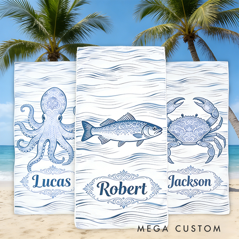 Personalized Custom Ocean Animal Beach Towel - Personalized Striped Bass Monogrammed Beach Towel for Kids & Adults, Quick-Dry Beach Pool Towel with Coastal Wave Design