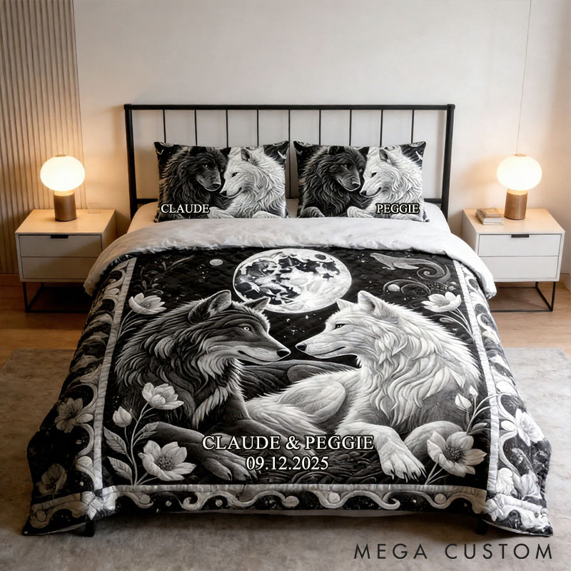 Personalized Couple Wolf Bed Set Custom Forest Moon Wolf Couple Graphic 3D Printed Bedding Decor with Name Anniversary Valentines Day Gift for Her Him
