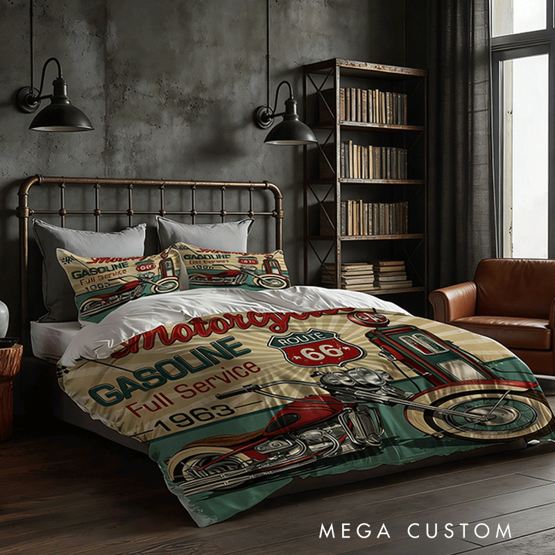  Personalized Retro Route Motorcycle Duvet Cover Bedding Set Custom Name Gift for Bikers and Motorcycle Fans