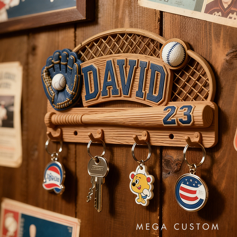 Personalized Custom Baseball Theme Key Holder - 3D Printed Personalized Name & Number Hook Rack, Sports Decor for Kids’ Room, Baseball Fan Gift 
