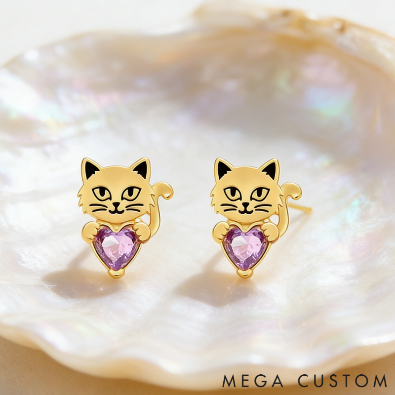 Personalized Heart-Shaped Birthstone Stud Earrings with Cat Motif Sterling Silver Jewelry Gift for Her