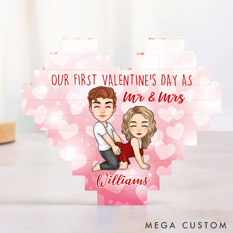 Personalized Valentine's Couple Heart Building Block Puzzle Custom Cartoon Couple Heart Plaque Valentine's Day Anniversary Gift for Couple