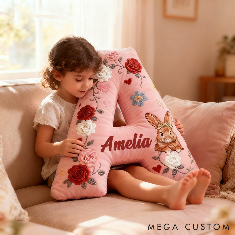 Personalized Girl friend Rose Pink 3D Printed Rabbit Pillow Custom Name Cushion Valentine's Gift for Her Christmas Gift for Flower girl