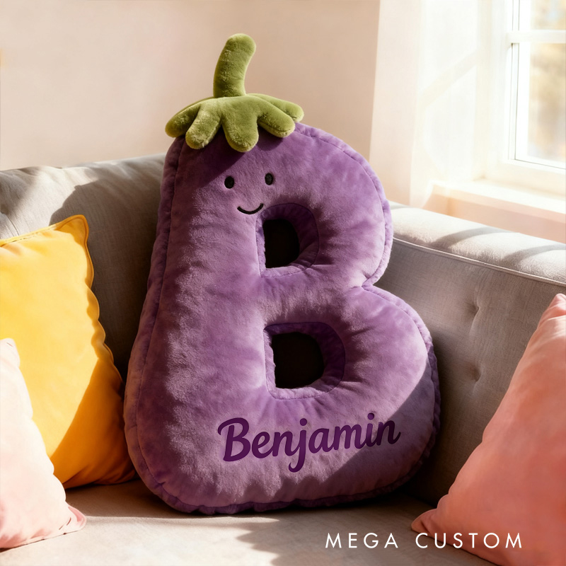 Personalized Eggplant Letter Name Custom Kids Gift Funny Purple Vegetable Soft Cute Decorative Graphic 3D Print Pillow Funny Gift for Kids Family