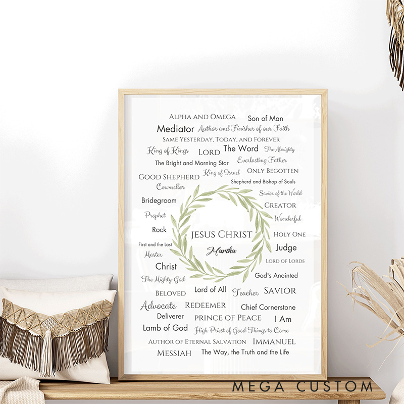 Personalized Jesus Christ Bible Names of God Frameless Poster with Custom Name Names of Jesus Wall Decor Religious Gift for Christians