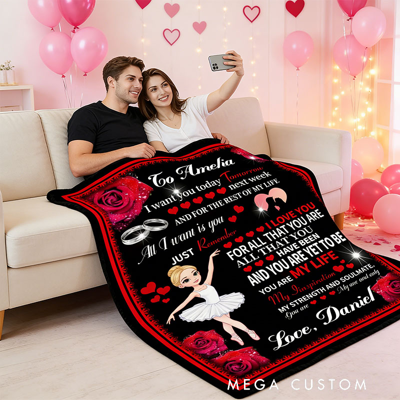 Personalized Rose Heart Cartoon Character Soft Throw Blanket with Name and Photo Valentine's Day Anniversary Gift Gift for Ballet Dancer Family Lover Friends