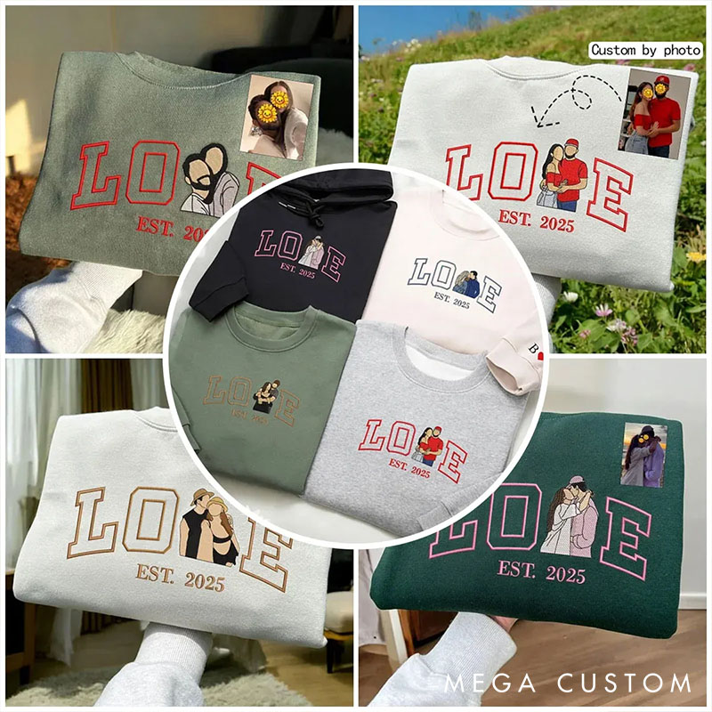 Personalized Couple Embroidered Photo Portrait Matching Sweatshirt Custom Couple Hoodie with Text Anniversary Gift Valentine's Day Gift for Him Her