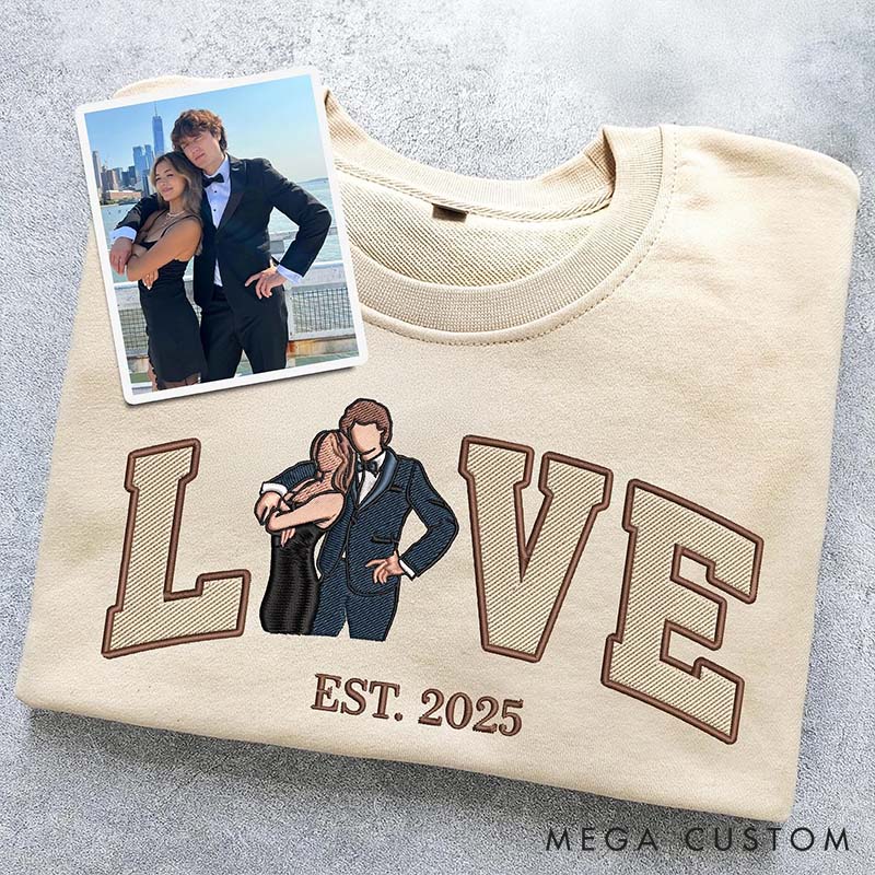 Personalized Couple Embroidered Photo Portrait Matching Sweatshirts Custom Couple LOVE Hoodie with Text Valentine's Day Gift Anniversary Gift