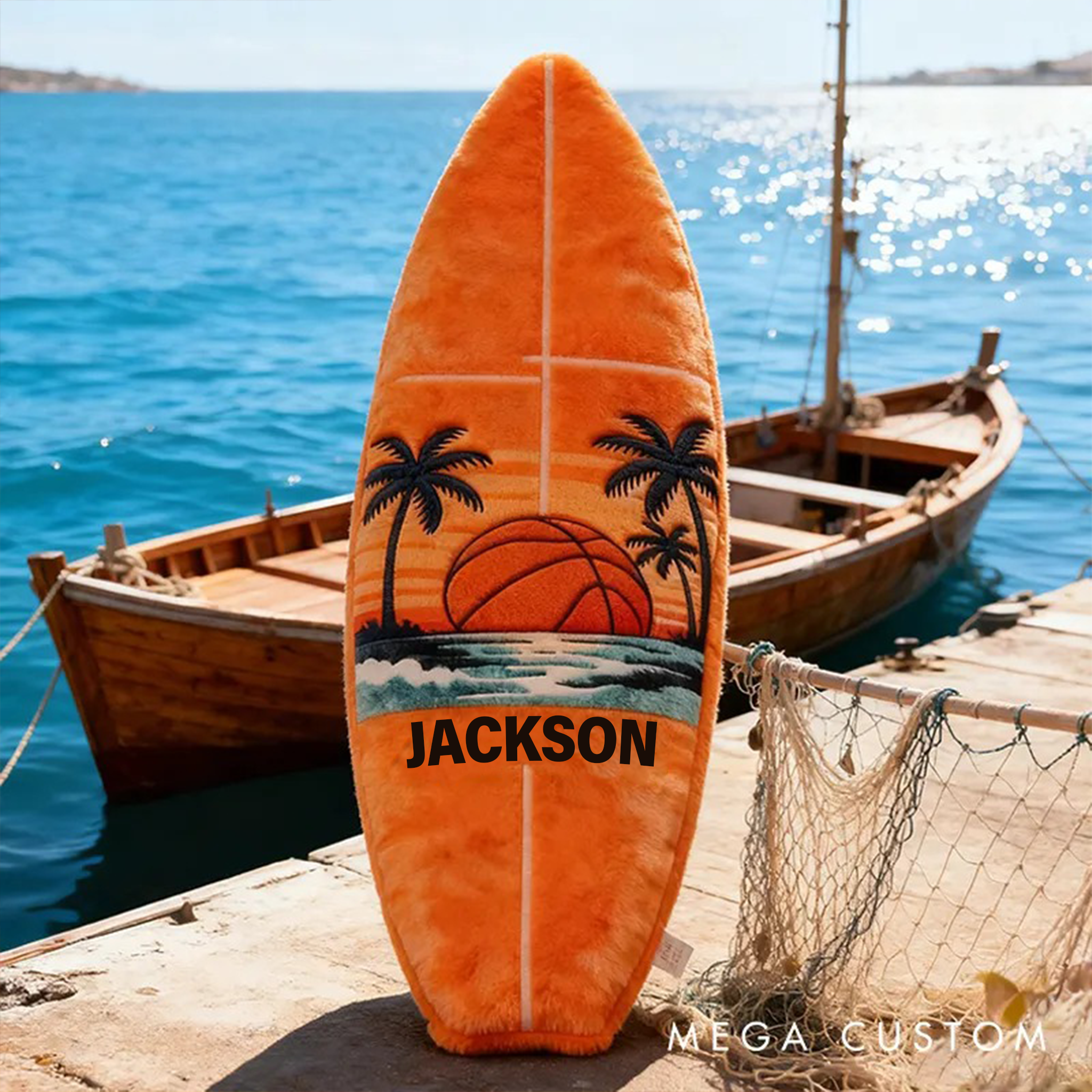 Personalized Surfboard Basketball Pillow with Custom Name for Beach Lovers and Basketball Lovers