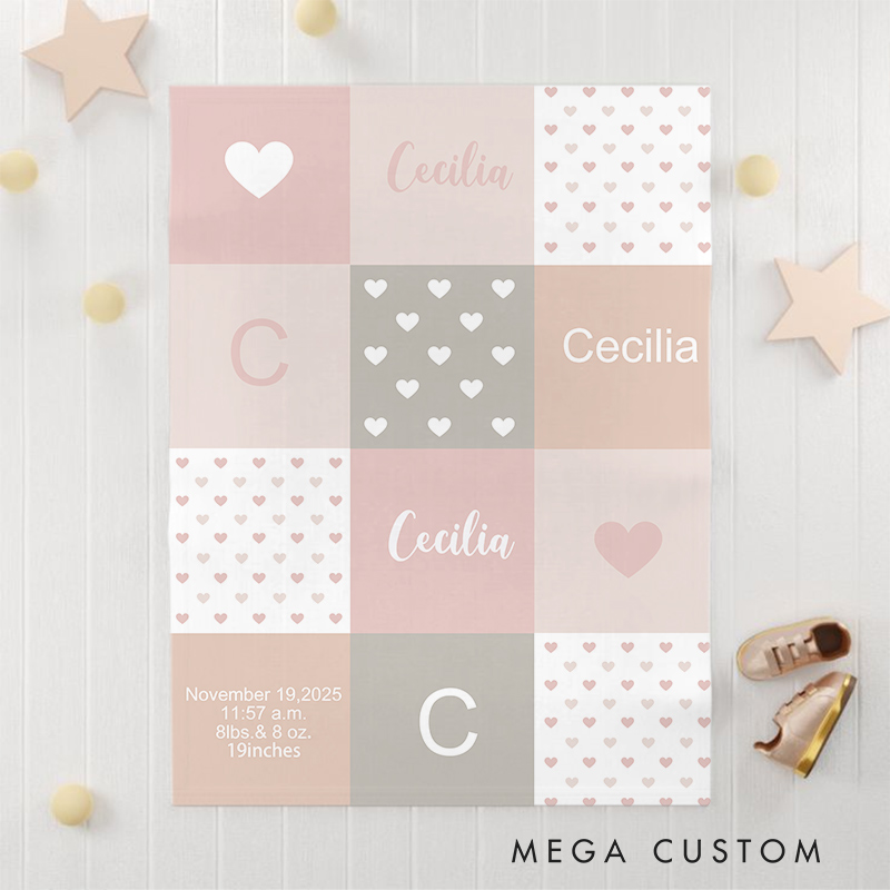 Personalized Baby Name Blanket - Soft Pastel Patchwork Design with Birth Details Baby  Keepsake