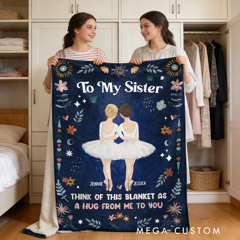 Personalized Cartoon Sister Blanket 'A Hug From Me To You' Custom Photo and Name Gift for Family Friends Dancer