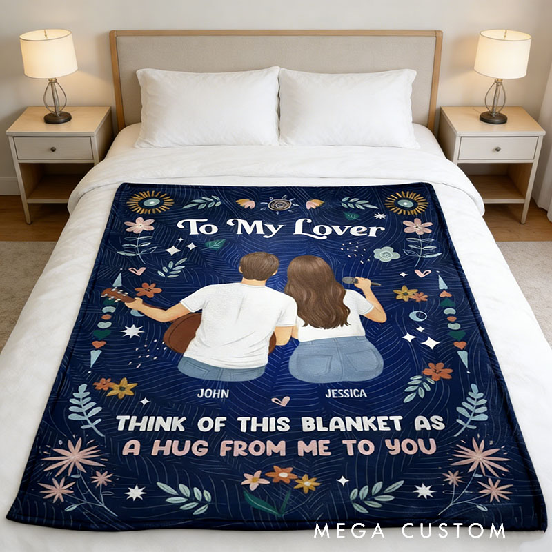 Personalized Cartoon Lover Blanket 'A Hug From Me To You' Custom Photo and Name Gift for Couple Familys Friends Music Lovers for Valentine's Day Anniversary