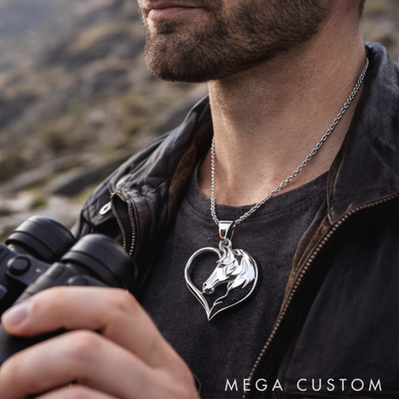 Personalized Horse Head Heart Pendant Necklace Custom Name Unique Holiday Gift for Couples
