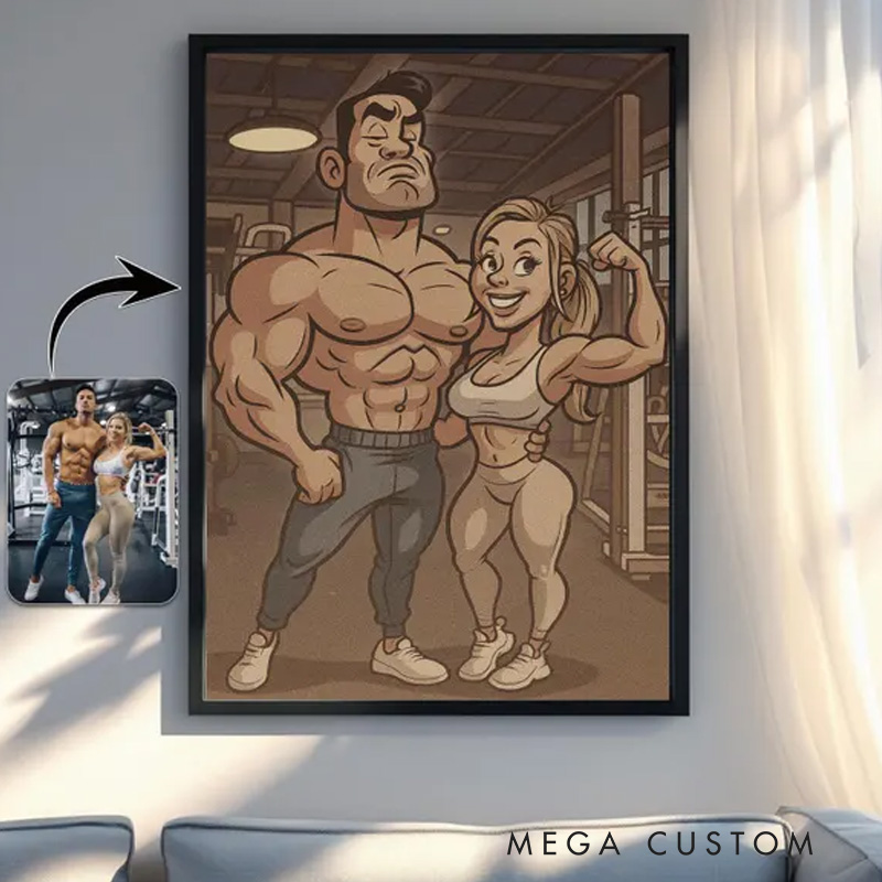 Personalized Gym Lover Couple Portrait Fitness Gifts Cartoon Weightlifter Portrait Bodybuilding Poster Fitness Gym Weightlifting Gym Gift ideas for Gym Lovers