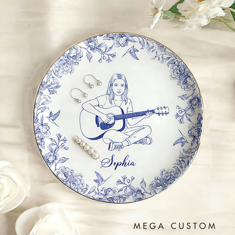 Personalized Guitar Girl Jewelry Dish Custom Photo and Name Music Gift for Girls Guitar Teacher Recital Gifts Guitarist Trinket Tray Band Ring Holder