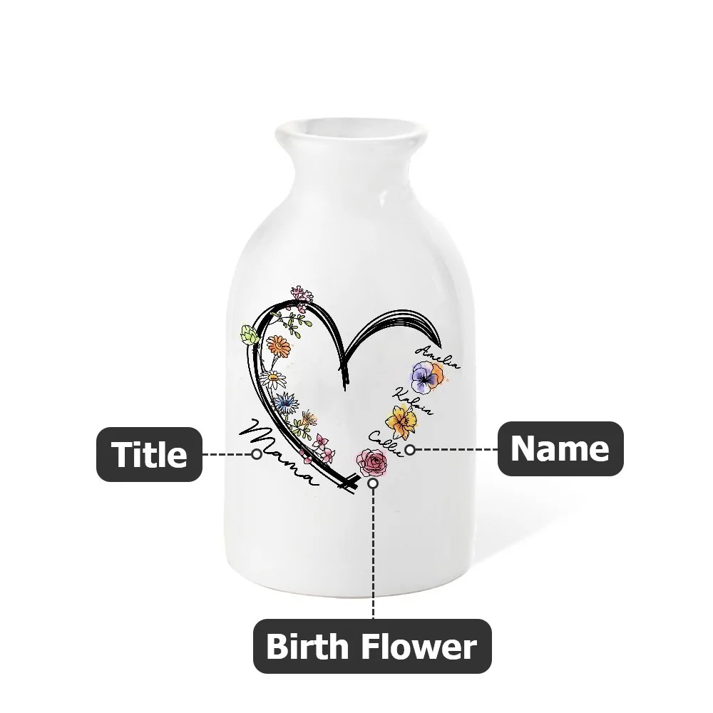 Personalized Names & Birth Flowers Vase with Heart Woman's Ceramic Vase Home Decor Mother's Day Birthday Gift for Mom Grandma
