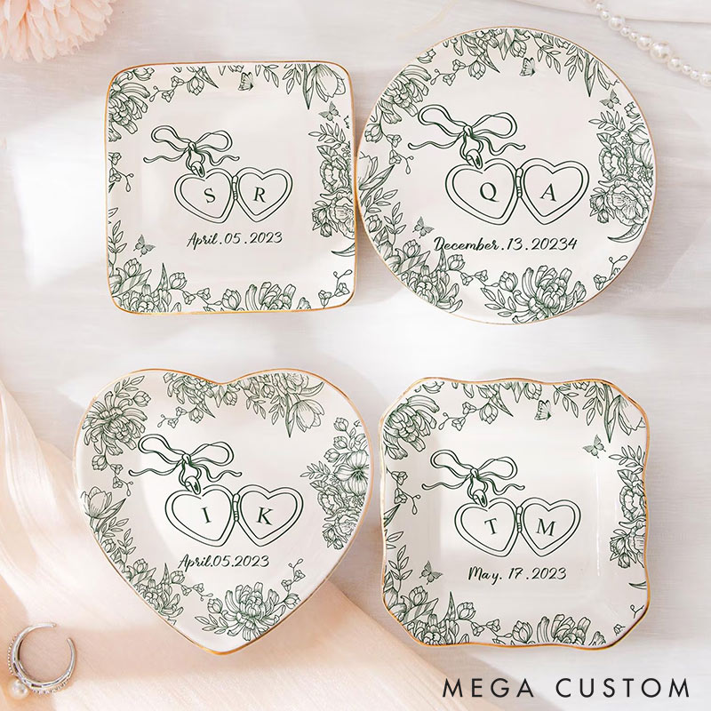 Personalized Heart Flower Ceramic Trinket Jewelry Dish with Initial and Date Toile De Jouy Ring Dish Valentine's Gift for Wife Anniversary Gift for Girlfriend