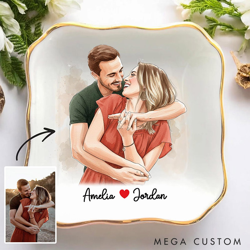 Personalized Heart Flower Ceramic Trinket Jewelry Dish with Initial and Date Toile De Jouy Ring Dish Valentine's Gift for Wife Anniversary Gift for Girlfriend