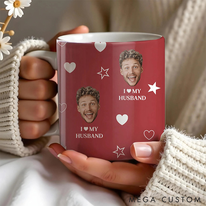 Personalized Couple I love My Husband Mug Custom Photo Portrait  Mug Full Printed Funny Mug for Couple Valentine's Gift for Husband