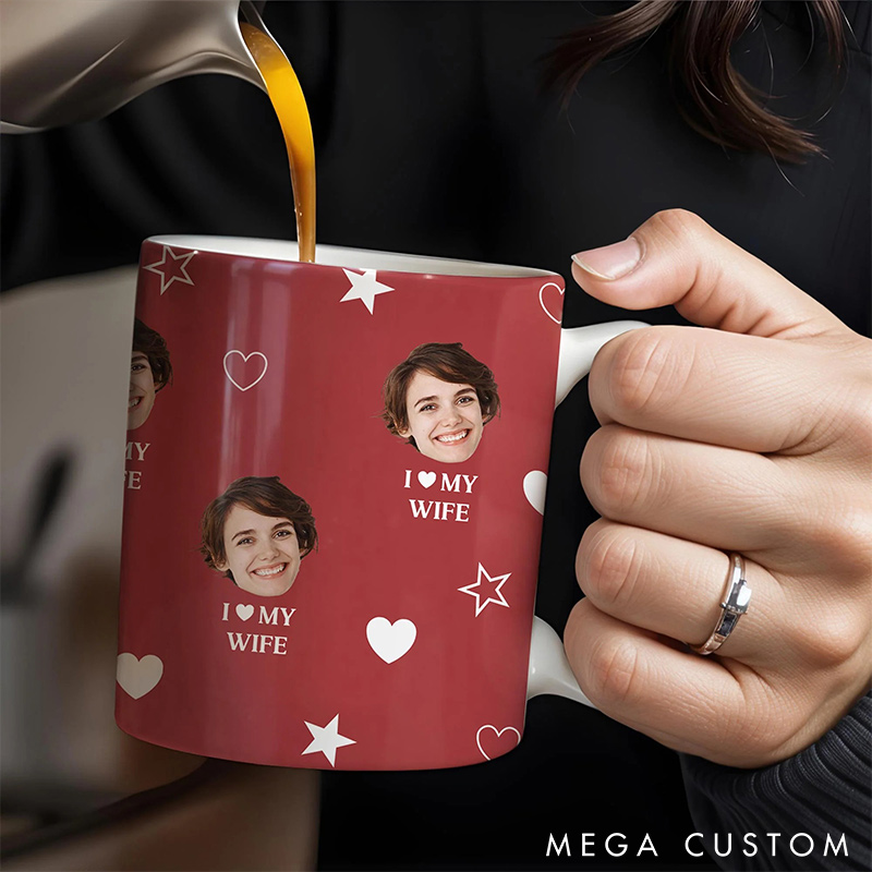 Personalized Couple I love My Wife Mug Custom Photo Portrait  Mug Full Printed Funny Mug for Couple Valentine's Gift for Wife