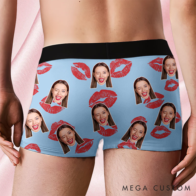 Personalized Girlfriend Wife Face Boxer Brief Red Lips Print Property of Her Men Underwear with Photo Valentines Day Gift for Boyfriend Husband