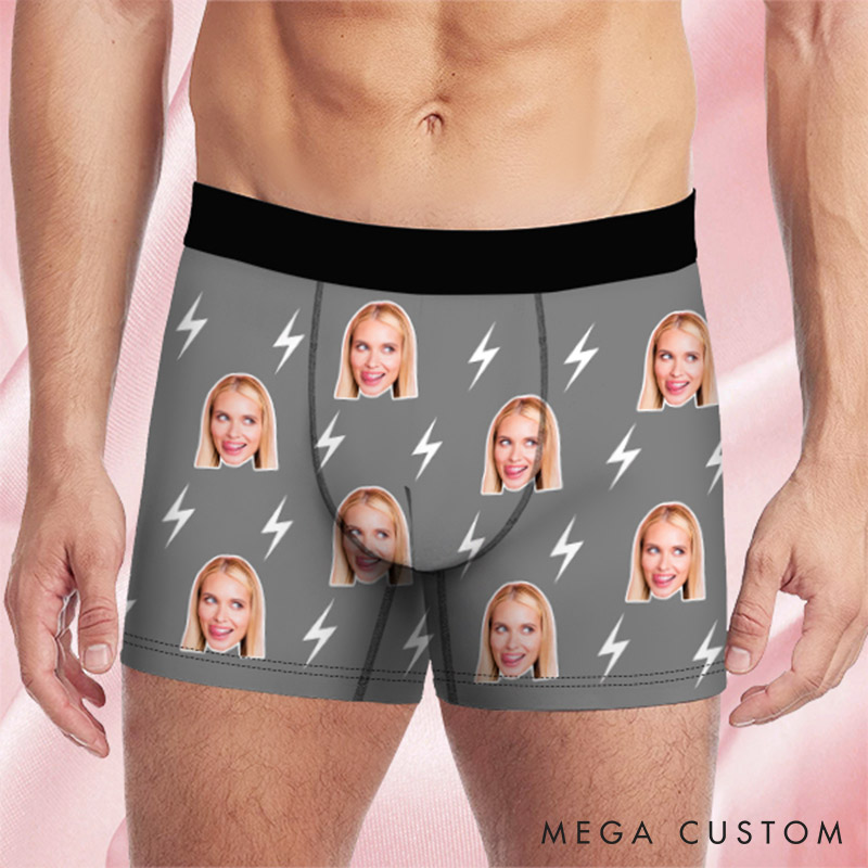 Personalized Girlfriend Wife Face Boxer Brief Lightning Print Men Underwear with Woman Face Photo Portrait Valentines Day Gift for Boyfriend Husband