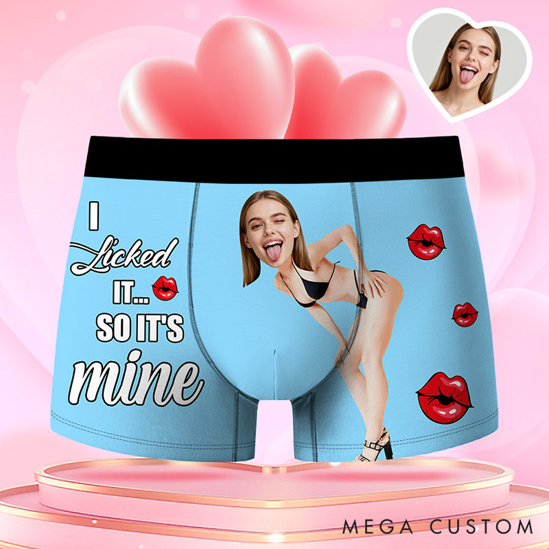 Personalized Girlfriend Wife Face Boxer Brief I Licked It So It's Mine Men Underwear with Woman Face Portrait Valentines Day Gift for Boyfriend Husband
