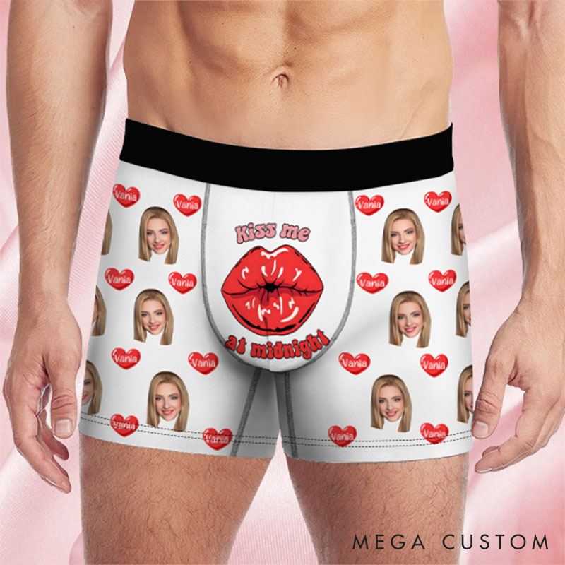 Personalized Girlfriend Wife Face Boxer Brief Kiss Me at Midnight Men Underwear with Woman Face Portrait Valentines Day Gift for Boyfriend Husband