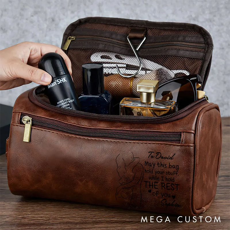 Personalized Leather Toiletry Bag Gift for Him Custom Leather Toiletry Bag Hold Your Stuff I'll Hold Your Heart Husband Travel Bag
