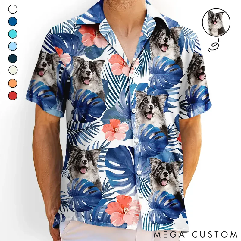 Personalized Pet Lover Custom Photo Tropical Leaves Funny Family Pet Face  Hawaiian Shirt