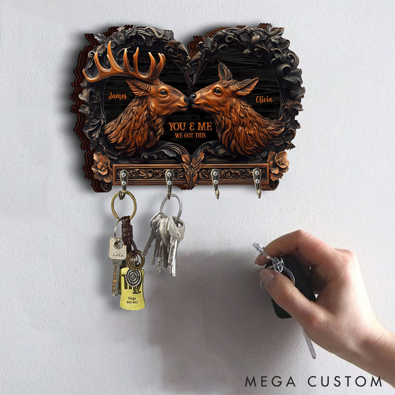Personalized Deer Couple You and Me We Got This Wooden Key Holder Custom Shaped Graphic 3D Printed Key Hanger Anniversary Valentine's Day Gift