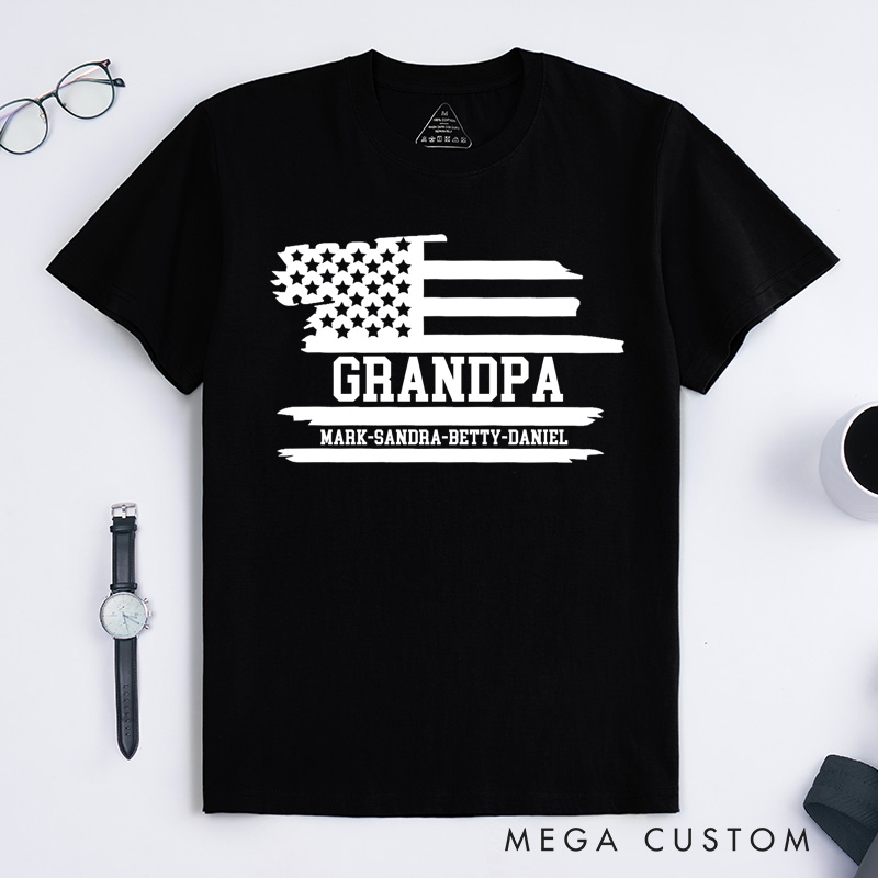Personalized Grandpa Flag T-Shirt with Grandkids Names Gift for Grandfather Father's Day Birthday Comfortable Cotton Shirt for Men